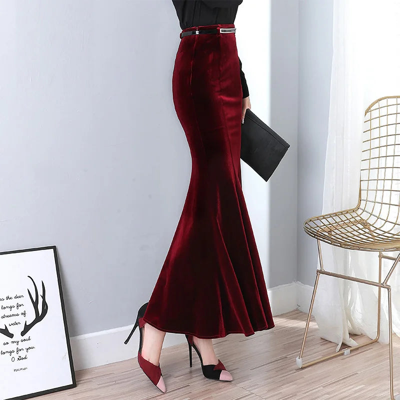 5XL! Autumn Vintage Velvet Black Maxi Long Mermaid skirt 2023 Fashion Women Elegant Velour Skirts With Belt