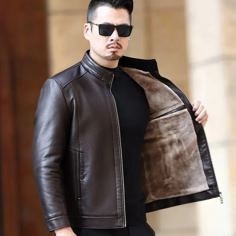 Men's Natural Leather Jacket with Stand-up Collar and Plush Liner - Super Soft and Warm