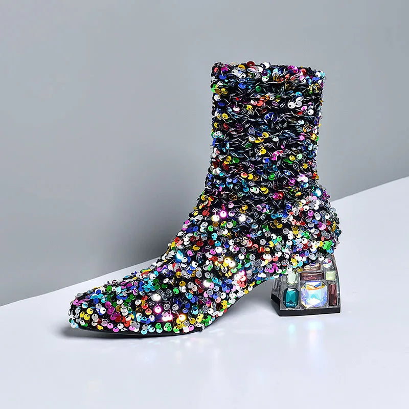 Phoentin bling colorful women boots 2020 winter ladies party shoes crystal mid heels club round toe ankle boot FT1170
