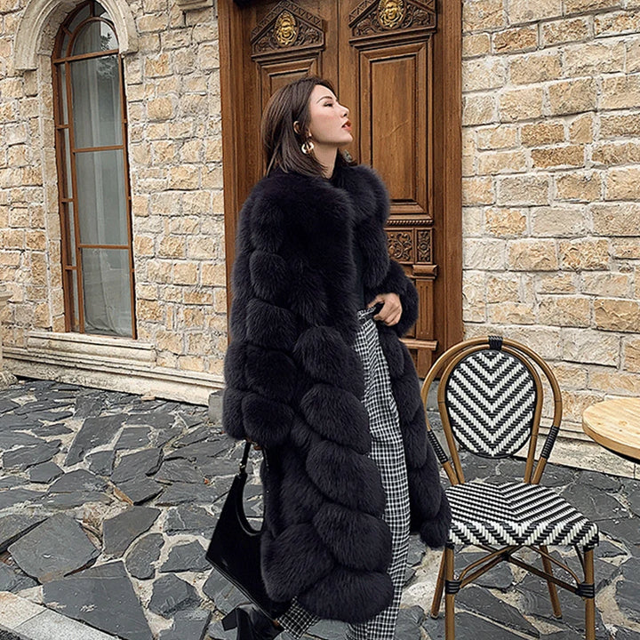 Brand famous Ladies Winter Snow Overcoat Natural Black Fox Fur Coat Fashion Temperament Medium Length Warm Jacket