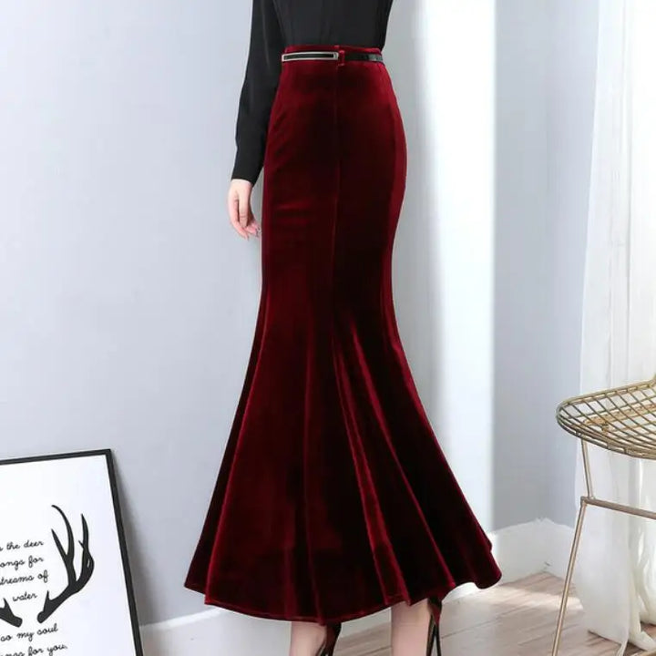 5XL! Autumn Vintage Velvet Black Maxi Long Mermaid skirt 2023 Fashion Women Elegant Velour Skirts With Belt