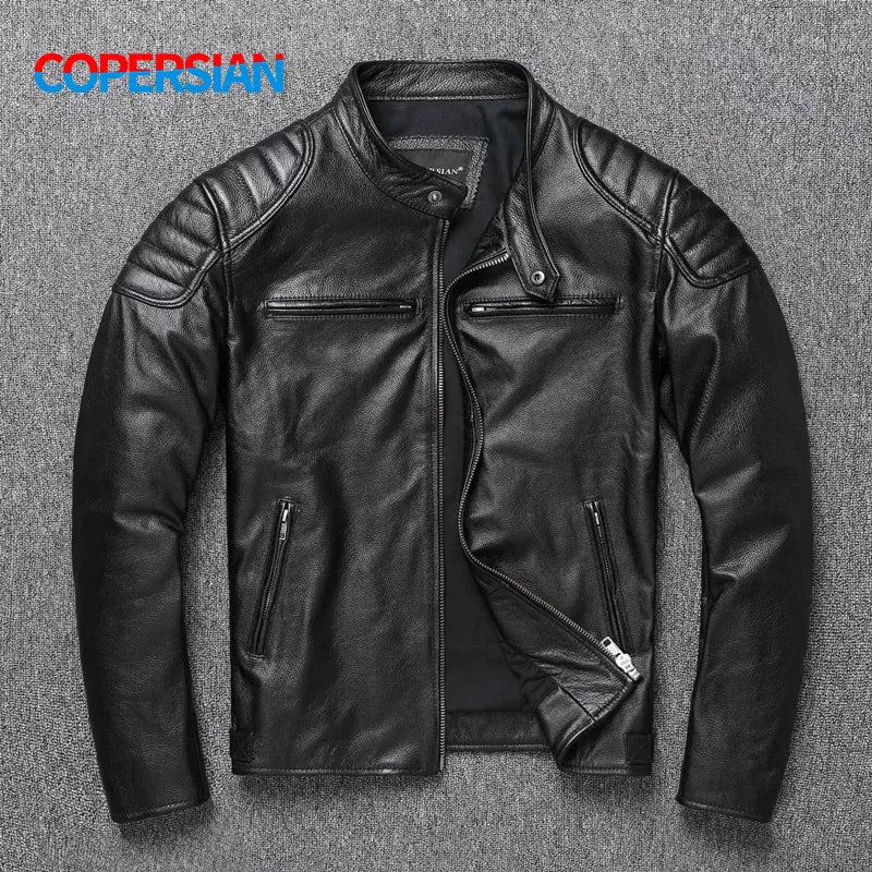 Men's 100% Cowhide Leather Jacket | Autumn/Winter | Stand Collar | Plus Size | Asian Sizing
