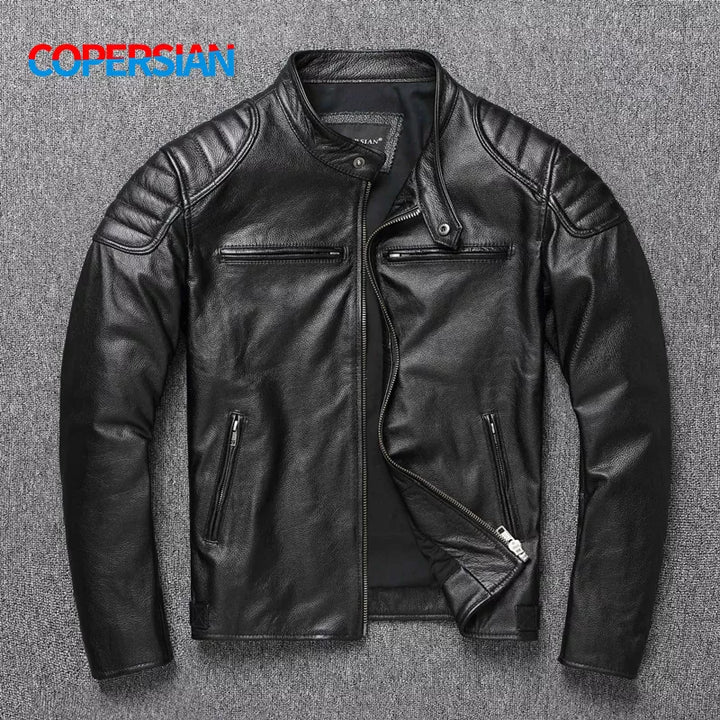 Men's 100% Cowhide Leather Jacket | Autumn/Winter | Stand Collar | Plus Size | Asian Sizing