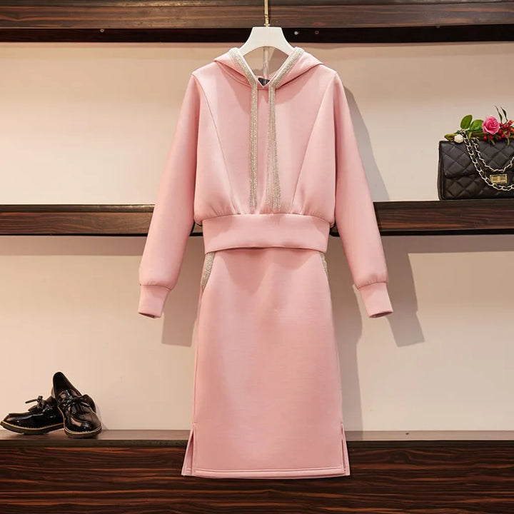 Women's Elegant Pink Hooded Sweatshirt & Skirt Set - 2022 Autumn/Winter Office Wear