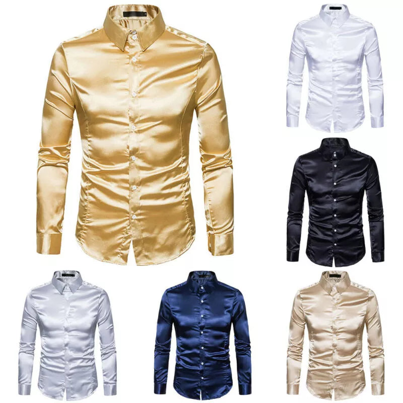 Men's Plus Size Silk Satin Tuxedo Shirt - Casual Slim Fit Gold Wedding Dress