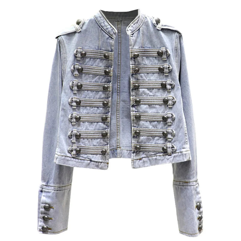 Retro Military Style Denim Jacket - Double-Breasted, Slim Fit, Short Length