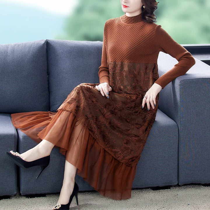 Vintage Winter Black Sweater Dress - Elegant Bodycon Midi Dress with Embroidery and Mesh Detail