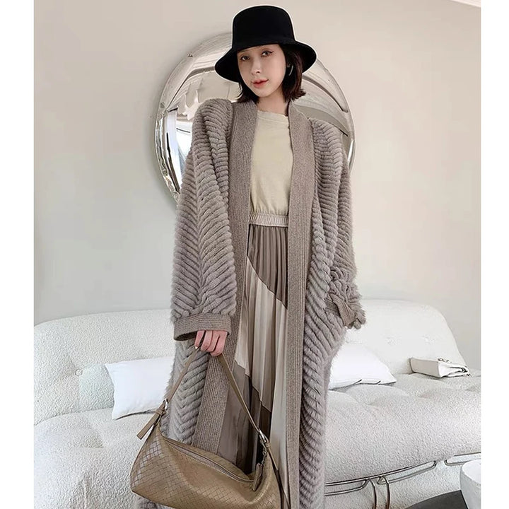 HDHOHR 2023 New High Quality Natural Mink Fur Coat Women With Belt Knitted Real MinkFur Jacket Fashion Warm Long For Female