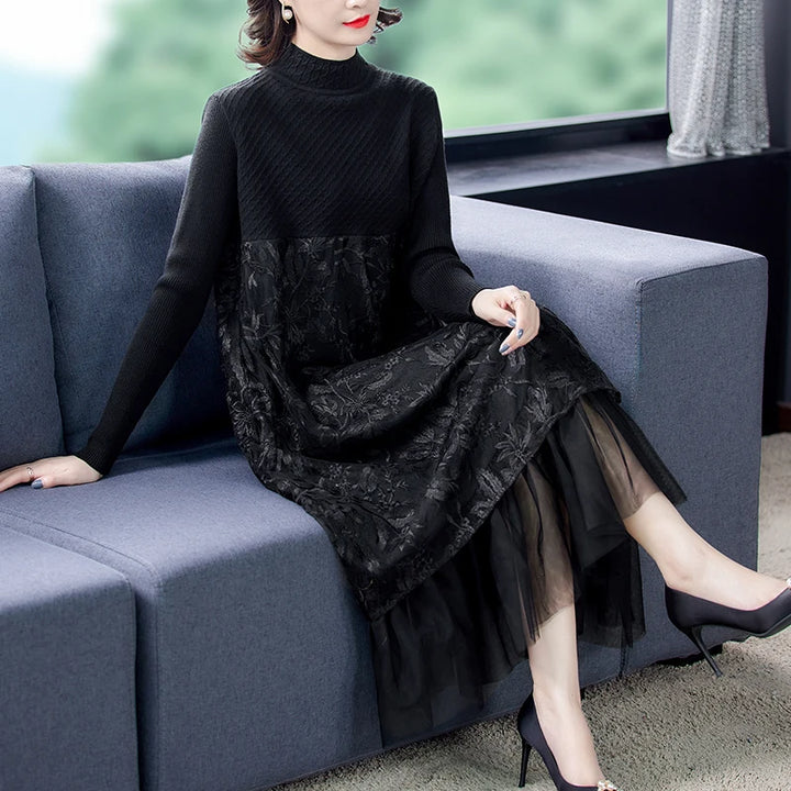 Vintage Winter Black Sweater Dress - Elegant Bodycon Midi Dress with Embroidery and Mesh Detail