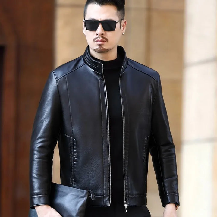 Men's Natural Leather Jacket with Stand-up Collar and Plush Liner - Super Soft and Warm