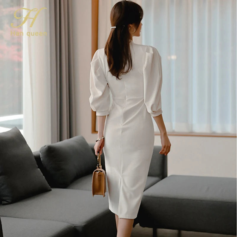 H Han Queen Autumn Fashion Midi Dress with Puff Sleeves and Stand Collar - Slim Fit, Solid Color, Casual Style