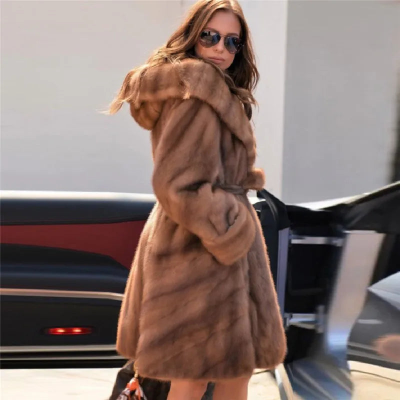 High Quality 90CM Long Genuine Mink Fur Jacket With Hood Thick Warm 2022 Winter Wholeskin Real Mink Fur Coat With Belt For Women