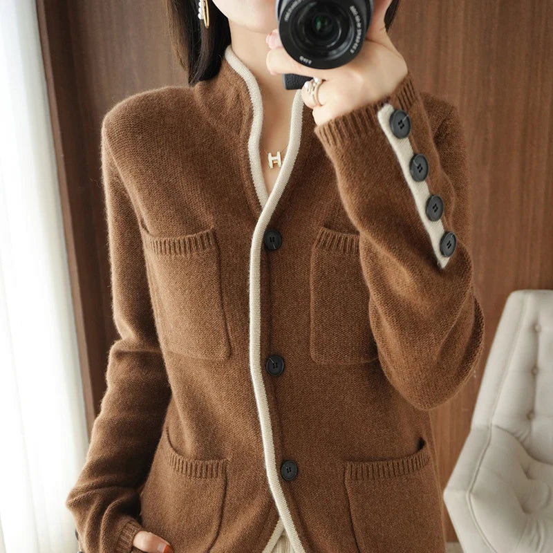 Women's 100% Wool Cardigan - Korean Fashion Autumn/Winter '22 - Stand-up Collar - Casual Knit Tops