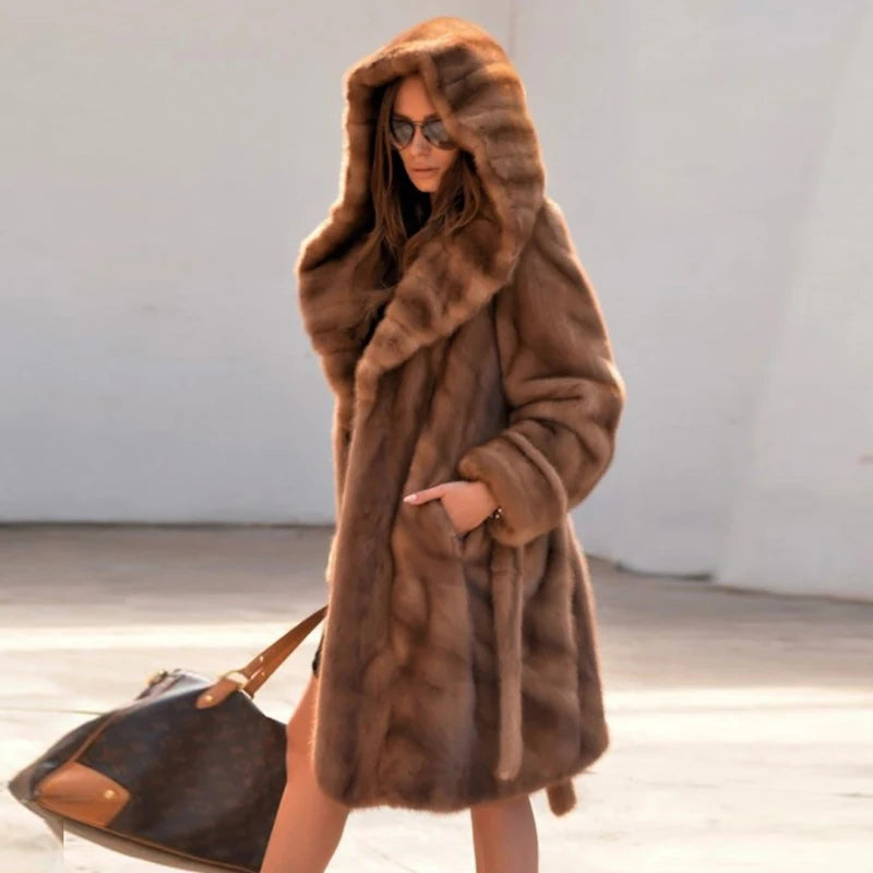 High Quality 90CM Long Genuine Mink Fur Jacket With Hood Thick Warm 2022 Winter Wholeskin Real Mink Fur Coat With Belt For Women