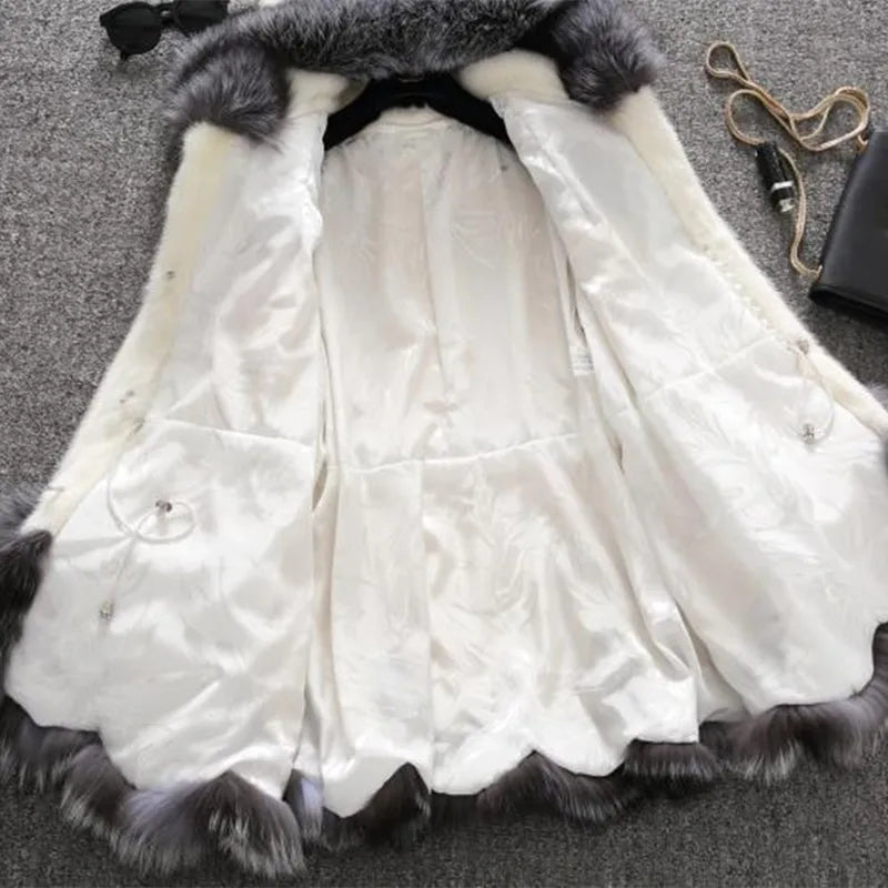 Women's Wear Real Fur Coat Gorgeous Women's White Black Mink Winter Thick Hooded Fur Jacket Long Sleeves Warm Fur Coat In Stock