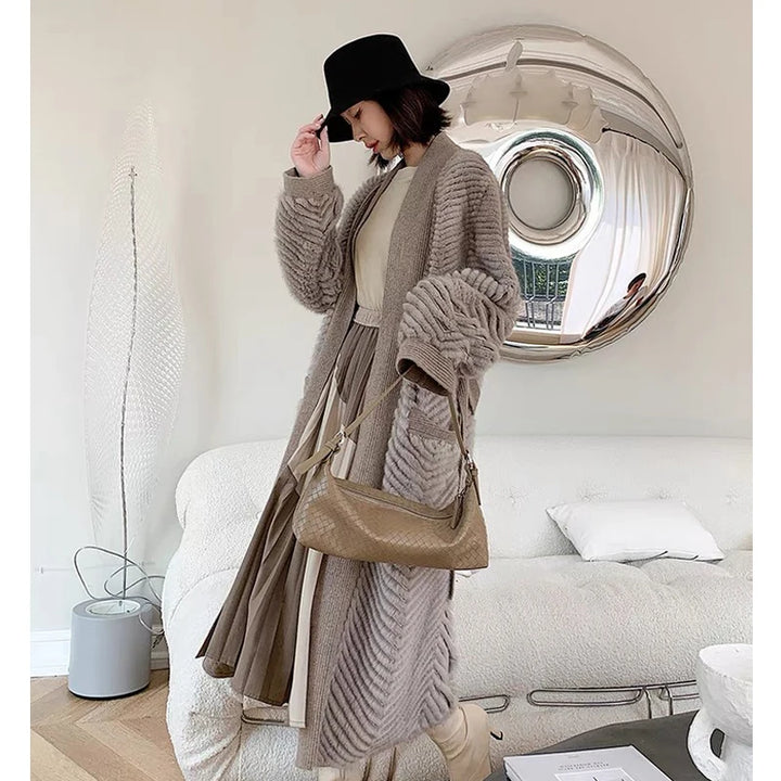 HDHOHR 2023 New High Quality Natural Mink Fur Coat Women With Belt Knitted Real MinkFur Jacket Fashion Warm Long For Female