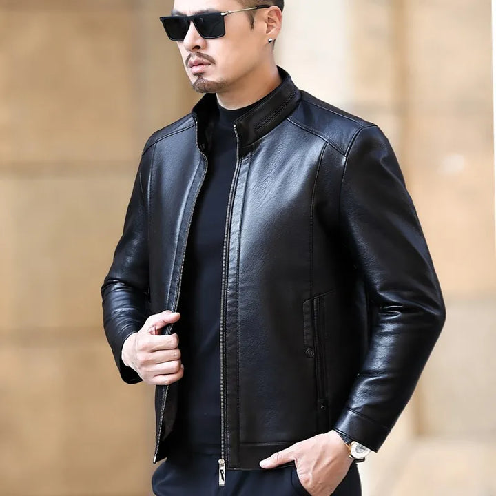 Men's Natural Leather Jacket with Stand-up Collar and Plush Liner - Super Soft and Warm