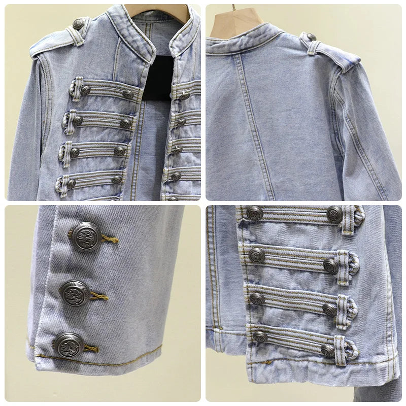 Retro Military Style Denim Jacket - Double-Breasted, Slim Fit, Short Length