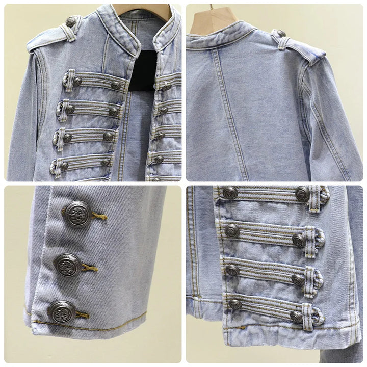 Retro Military Style Denim Jacket - Double-Breasted, Slim Fit, Short Length