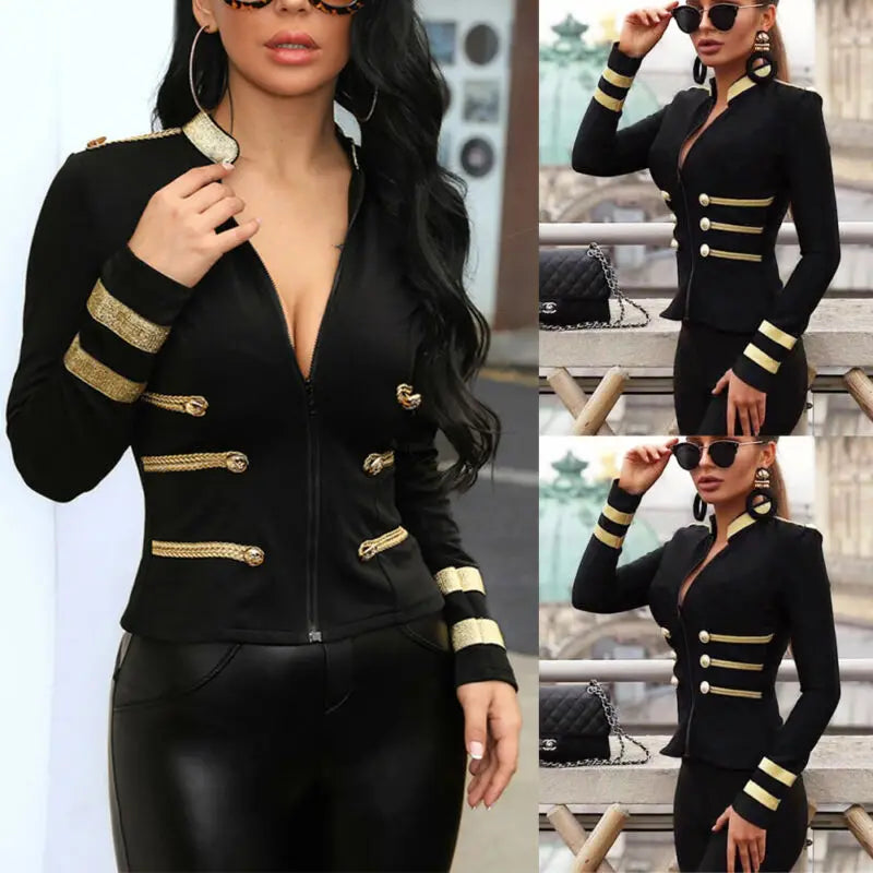 Women Ladies Fashion Winter Sexy Stand Neck Padded Slim Jacket Check Zipper Up Biker Coat Military New