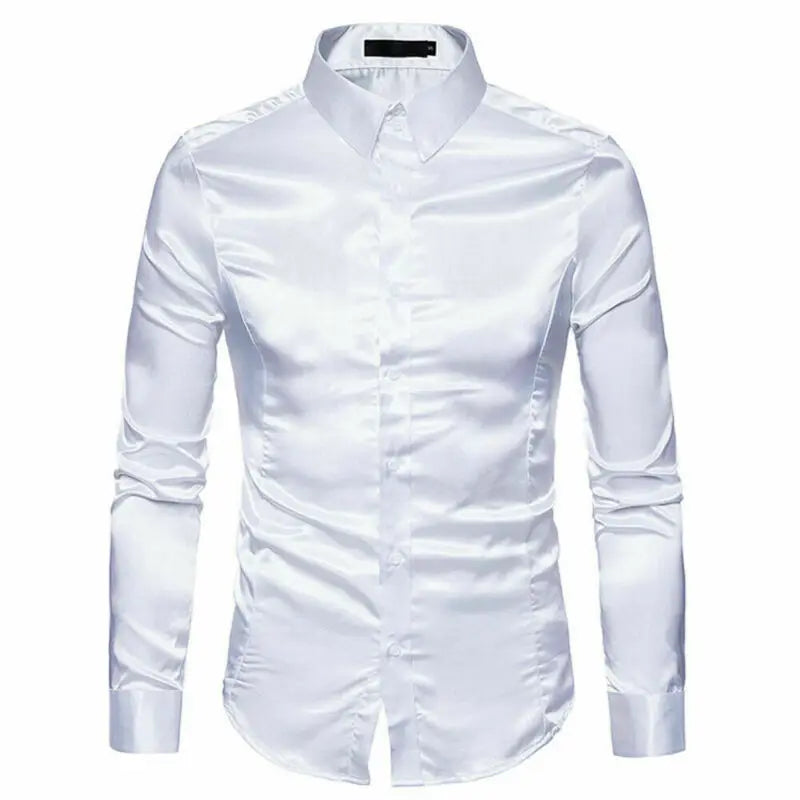 Men's Plus Size Silk Satin Tuxedo Shirt - Casual Slim Fit Gold Wedding Dress