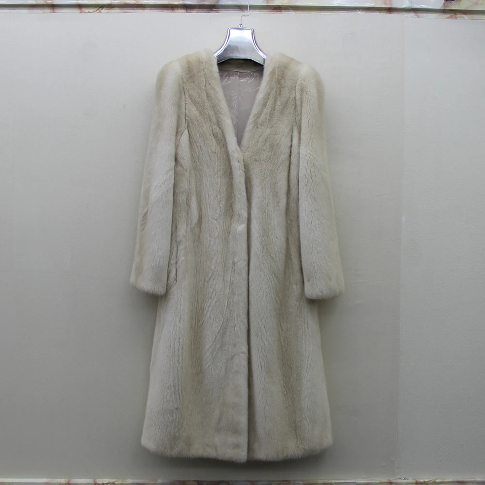 2023 New Fashion 100% Real Mink Fur  Women Coat with V-Neck  Winter X-Long Slim Warm Copenhagen Mink Fur Jacket