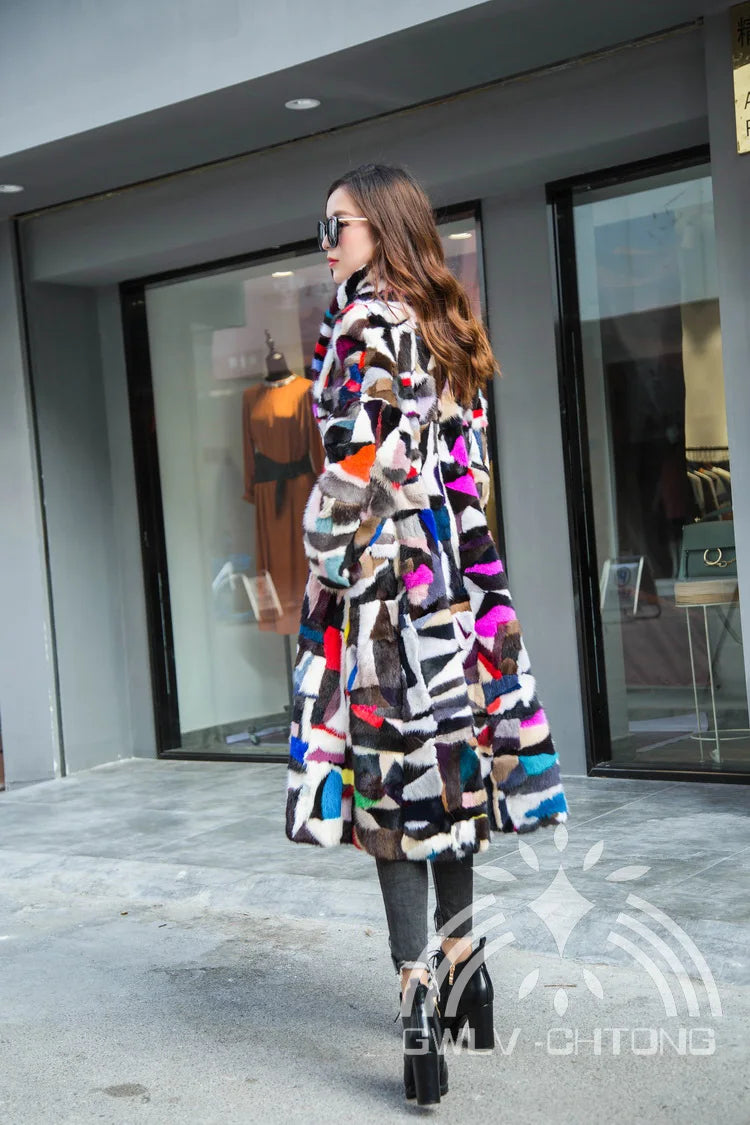 New genuine real natural mink fur coat women x-long multi-color jacket ladies colorful 110CM long outwear overcoat  for girl