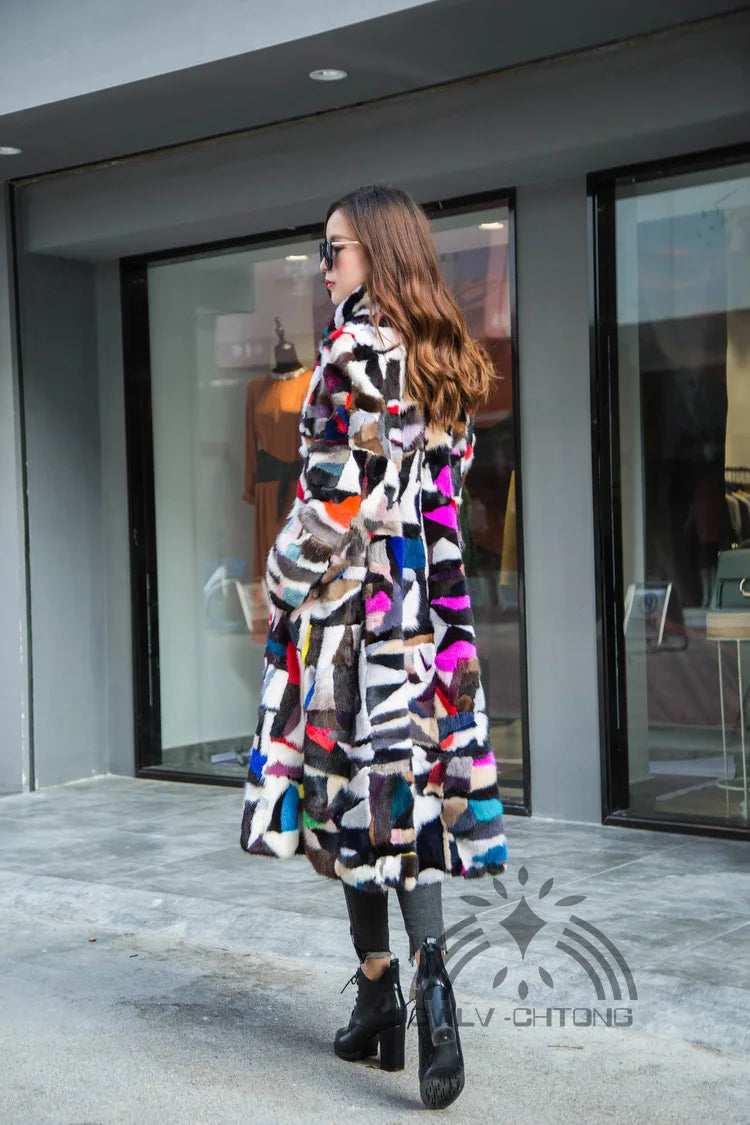 New genuine real natural mink fur coat women x-long multi-color jacket ladies colorful 110CM long outwear overcoat  for girl