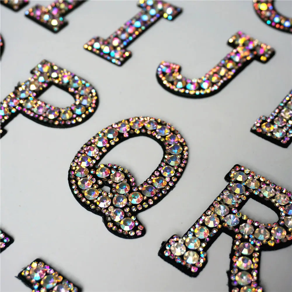 26 Letters Rhinestones Alphabet ABC Sew Iron On Patches Rainbow Shining Badges For Name DIY Dress Jeans Appliques Decoration