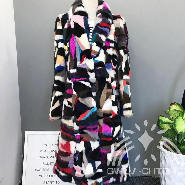 New genuine real natural mink fur coat women x-long multi-color jacket ladies colorful 110CM long outwear overcoat  for girl