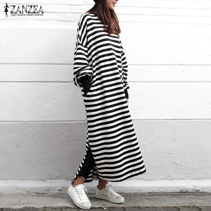 Striped Maxi Dress for Women - Vintage Style with O Neck and Long Sleeves - Autumn Vestidos - ZANZEA 2023 Collection