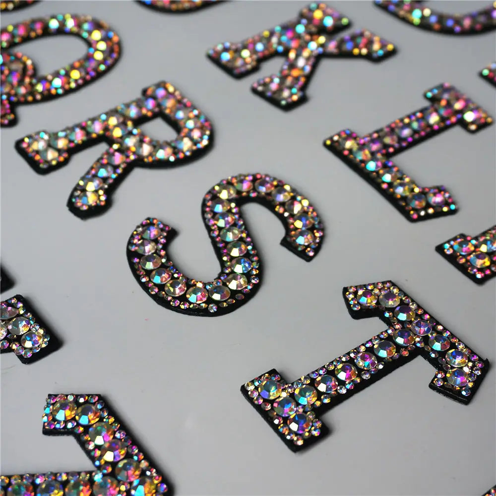 26 Letters Rhinestones Alphabet ABC Sew Iron On Patches Rainbow Shining Badges For Name DIY Dress Jeans Appliques Decoration