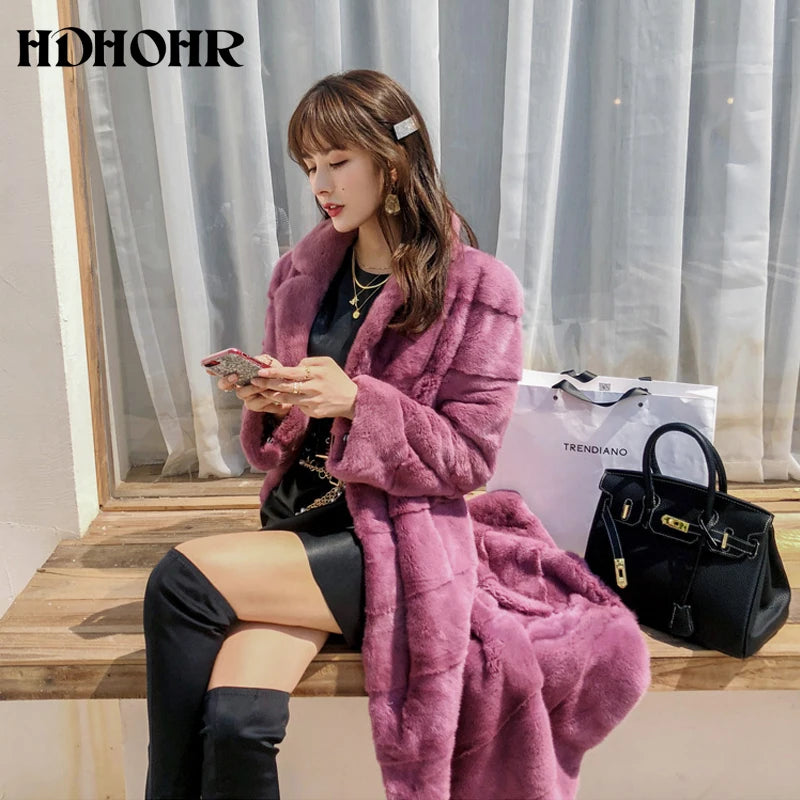 HDHOHR 2023 Real Whole Mink Fur X-Long Coat Factory Direct Sale Winter Slim Warm Female Mink Fur Long Turn-down Collar Jacket