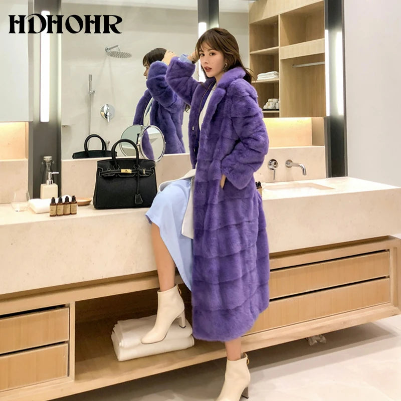 HDHOHR 2023 Real Whole Mink Fur X-Long Coat Factory Direct Sale Winter Slim Warm Female Mink Fur Long Turn-down Collar Jacket