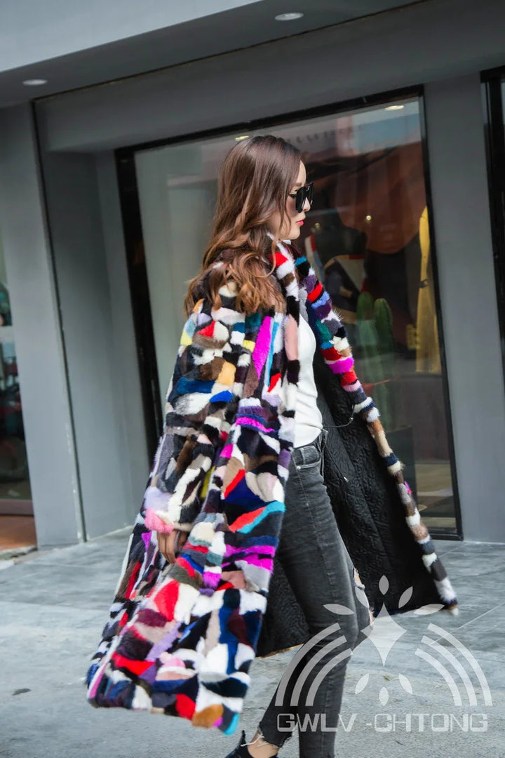New genuine real natural mink fur coat women x-long multi-color jacket ladies colorful 110CM long outwear overcoat  for girl