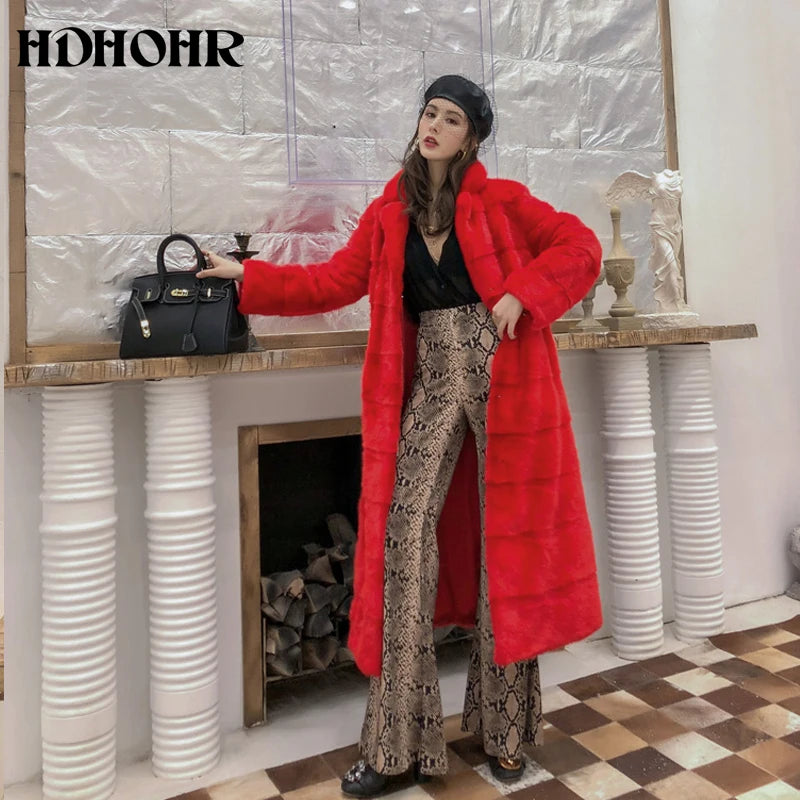 HDHOHR 2023 Real Whole Mink Fur X-Long Coat Factory Direct Sale Winter Slim Warm Female Mink Fur Long Turn-down Collar Jacket