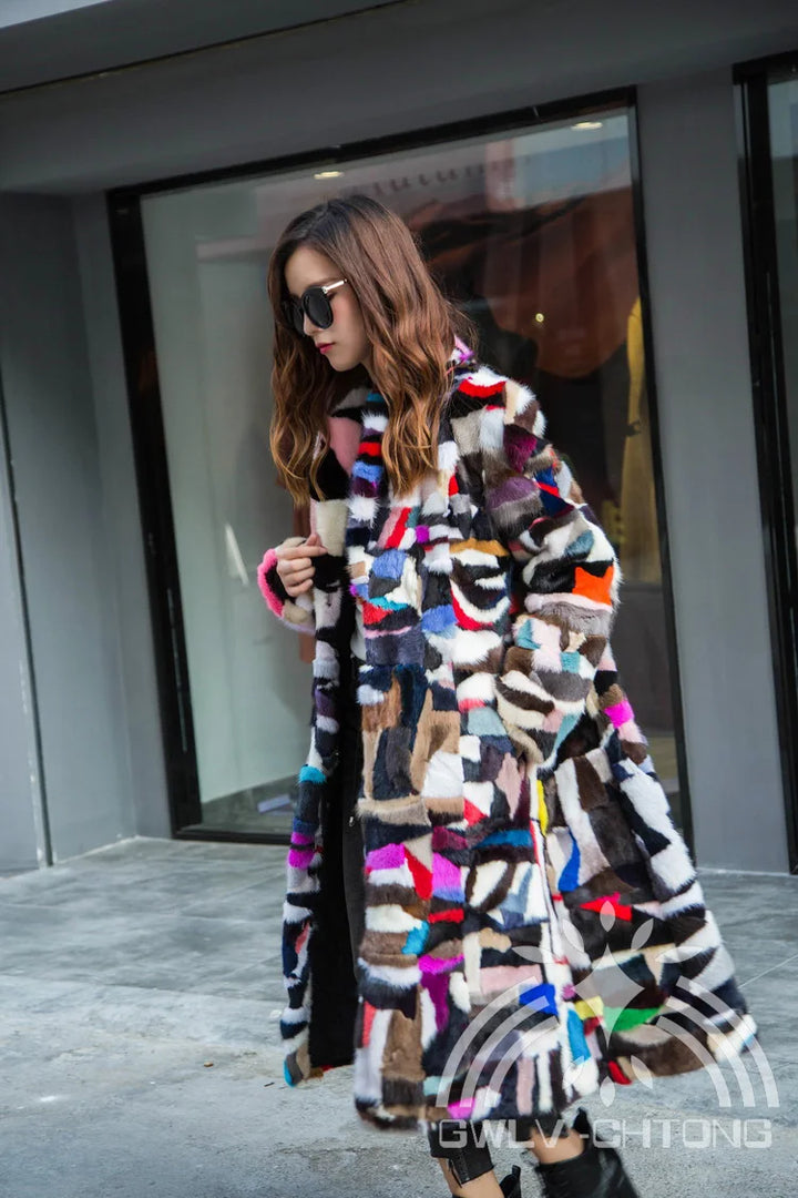 New genuine real natural mink fur coat women x-long multi-color jacket ladies colorful 110CM long outwear overcoat  for girl