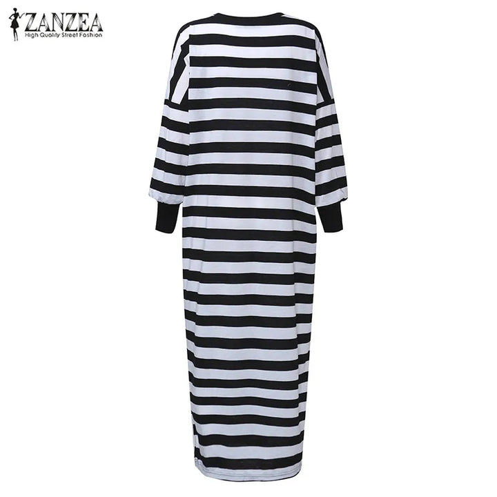 Striped Maxi Dress for Women - Vintage Style with O Neck and Long Sleeves - Autumn Vestidos - ZANZEA 2023 Collection