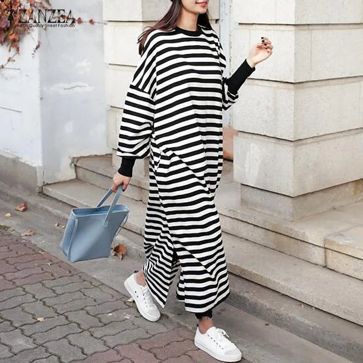 Striped Maxi Dress for Women - Vintage Style with O Neck and Long Sleeves - Autumn Vestidos - ZANZEA 2023 Collection