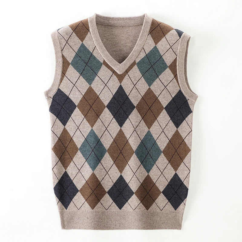 New Autum Fashion Designer Brand Argyle Pullover Diamond Sweater V Neck Knit Vest Men 6% Wool Sleeveless Casual Men Clothing