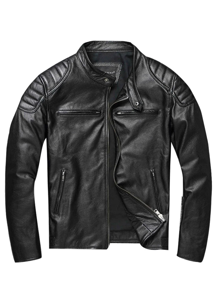 Men's 100% Cowhide Leather Jacket | Autumn/Winter | Stand Collar | Plus Size | Asian Sizing