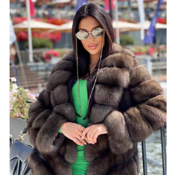 Long Real Fox Fur Coat Women Winter New High Quality Whole Skin Genuine Fox Fur Coat with Turn-down Collar Thick Warm Fur Outfit