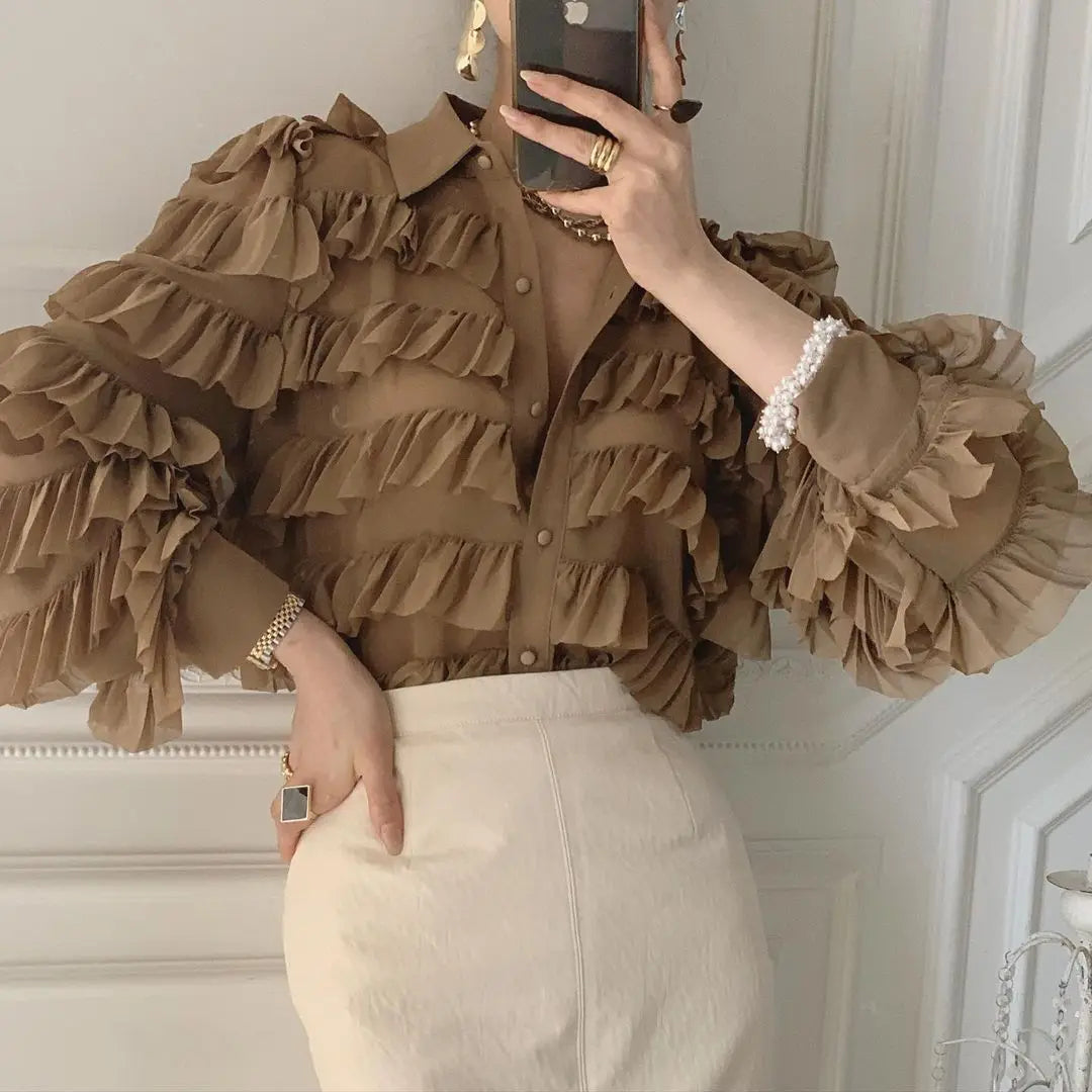 2021 Spring Fashion: Women's Ruffles Stitching Cardigan Blouse - Loose Fit