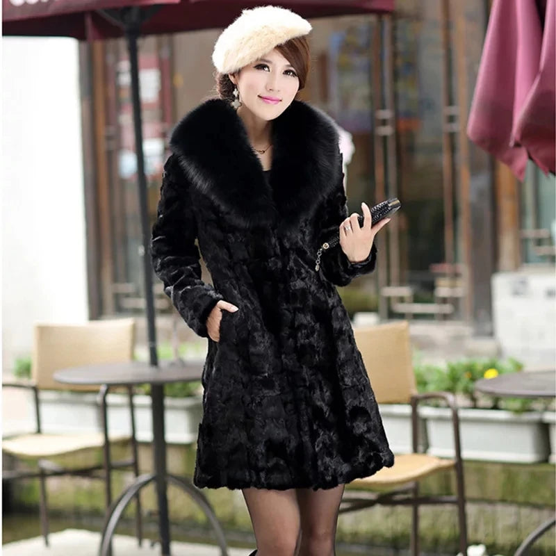 Warm Mink Fur Coat with Fox Fur Collar