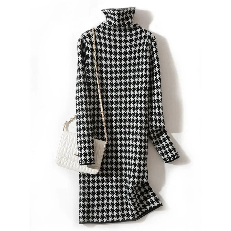 Korean Fashion Bird Lattice Turtleneck Sweater Dress