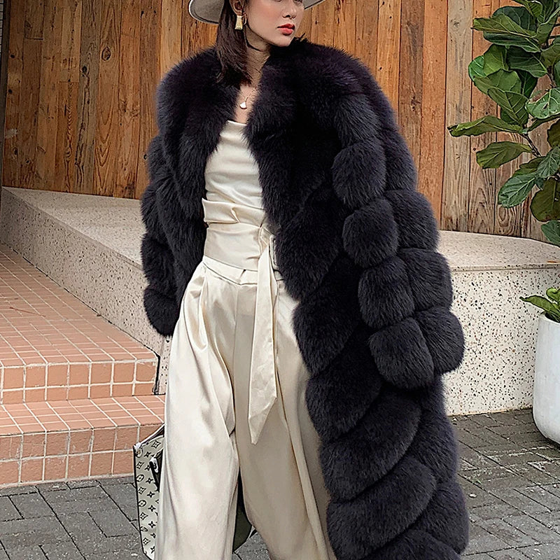 Brand famous Ladies Winter Snow Overcoat Natural Black Fox Fur Coat Fashion Temperament Medium Length Warm Jacket