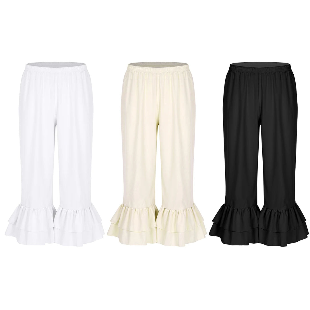 Women Ladies Sweet Dance Trousers Retro Vintage Elastic Waist Ruffles Hem Pantaloons Bloomers Underpants Victorian Era Costume