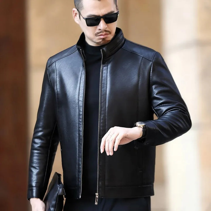 Men's Natural Leather Jacket with Stand-up Collar and Plush Liner - Super Soft and Warm