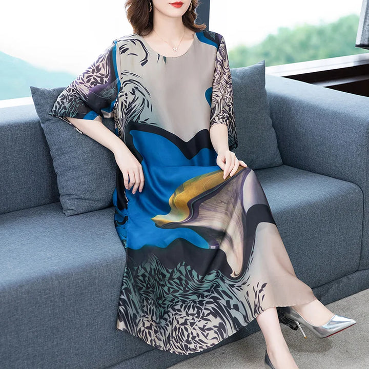 Vintage Mulberry Silk Maxi Dress - Elegant Plus Size Chiffon - ZUOMAN