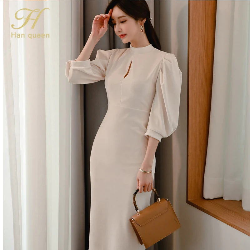 H Han Queen Autumn Fashion Midi Dress with Puff Sleeves and Stand Collar - Slim Fit, Solid Color, Casual Style